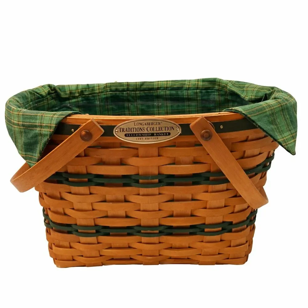 Longaberger Fellowship Basket 1997 Traditions Collection Green Liner Handles